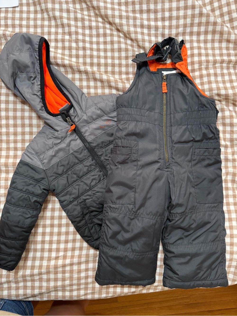 Kids Gray & Orange Insulated Snow Bibs and Jacket Set - Unbranded